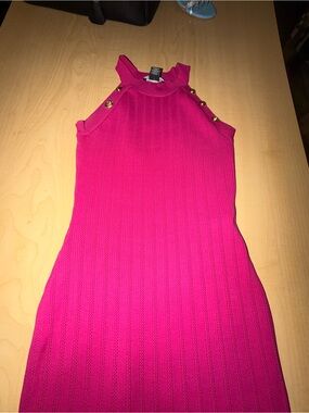 Hot Pink Ribbed Halter Dress with Gold Buttons